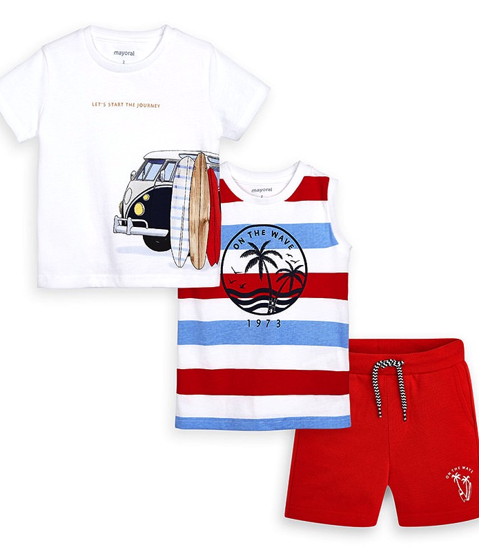  Комплект : белая футболка полосатая майка и красные шорты для мальчика 3622 - 76, Майорал, Испания 