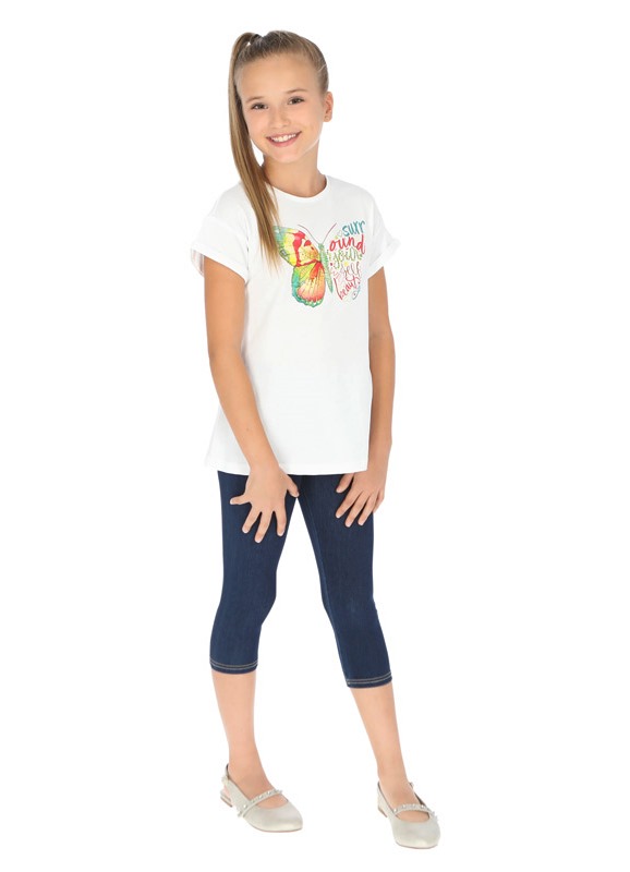  Белая футболка с джинсовыми лосинами для девочки - подростка 6716 - 15, Майорал, Испания 