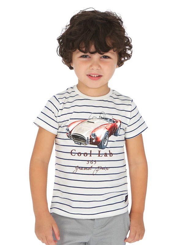  Белая футболка с машиной в синюю полоску для мальчика 3064 - 64, Майорал, Испания 